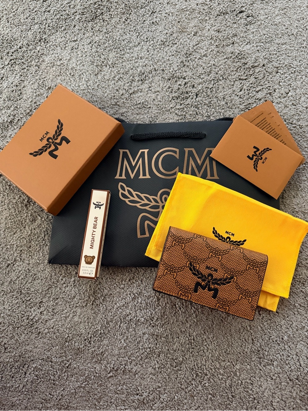 New MCM Cognac Visetos Monogram Card Holder with Perfume